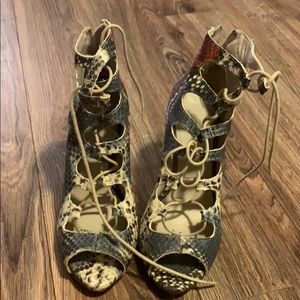 multicolor snake skin lace up heels